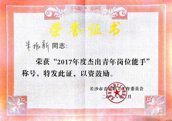 江山智能朱振新荣获长沙市2017年度卓越青年岗位能手